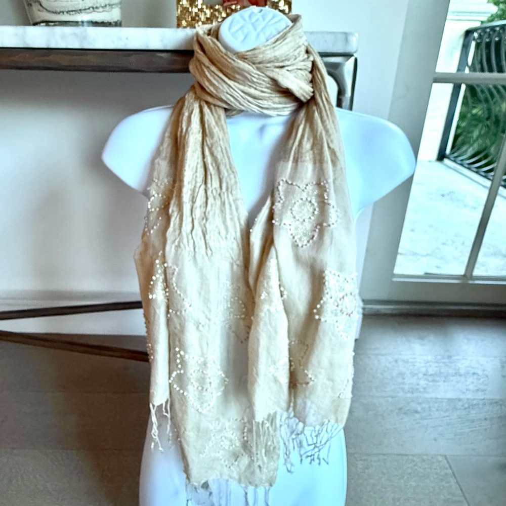 Beige Embroidered Fashion Scarf delicate beaded design. 71 in long 14 in wide